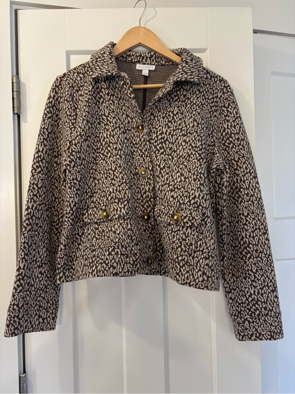 Charter Club Brown and Cream Leopard-Print Cropped Jacket
